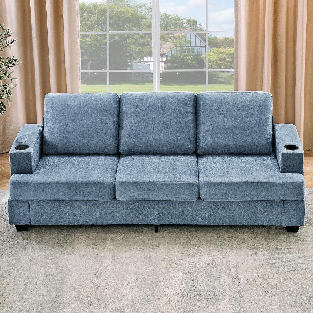 Garvee 89' Modern Sofa for Living Room, 3-Seater Comfy Couches with Deep Seat, Chenille Couch with Cup Holders and Side Storage Pockets for Apartment Lounge, Blue