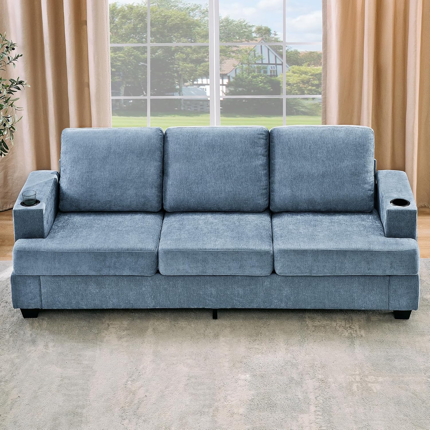 Garvee 89' Modern Sofa for Living Room, 3-Seater Comfy Couches with Deep Seat, Chenille Couch with Cup Holders and Side Storage Pockets for Apartment Lounge, Blue