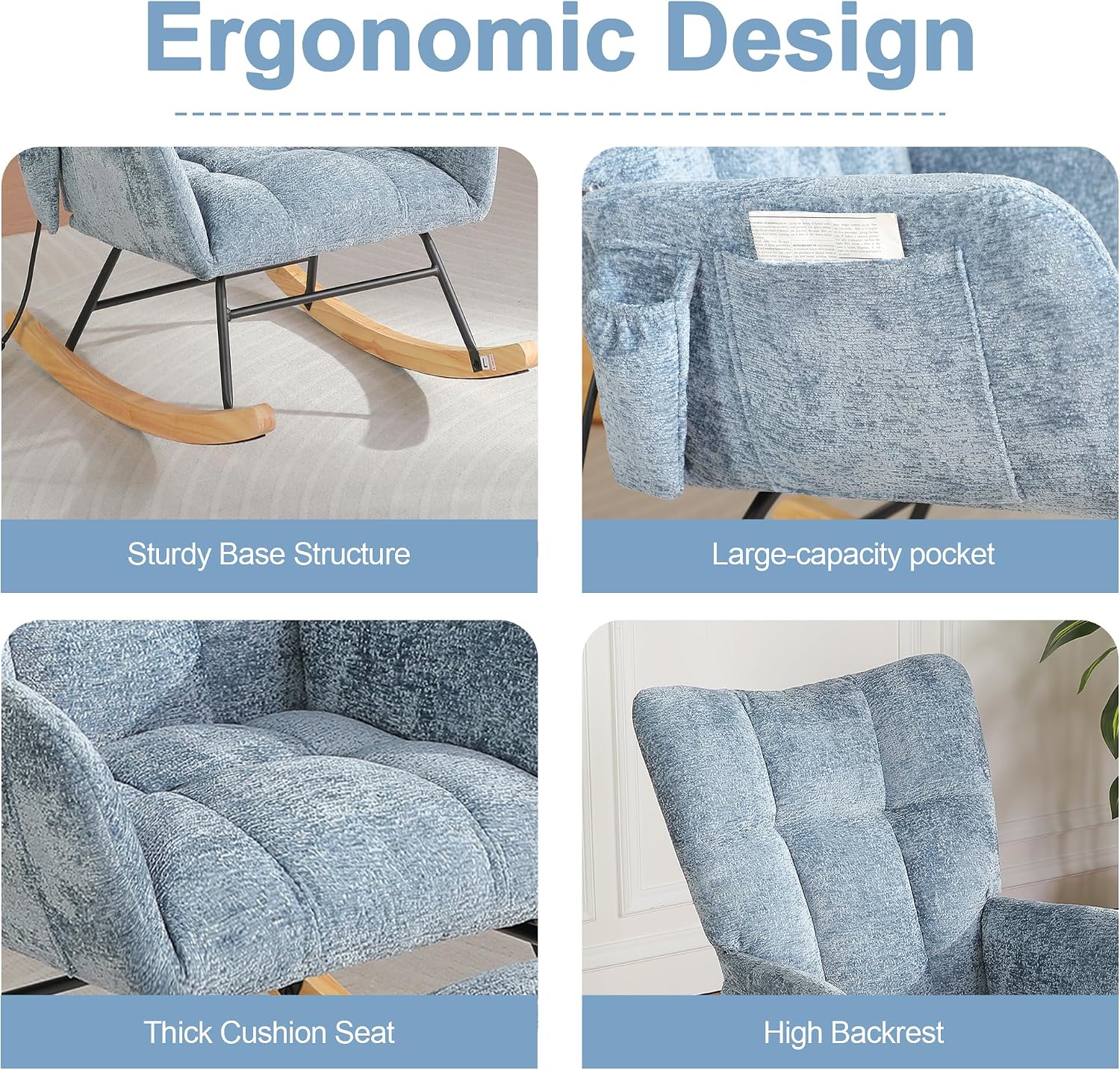 Rocking Chair Nursery with Airbag, Comfy Modern Nursery Rocking Reading Chair Indoor with Footrest, Cozy Upholstered Glider Rocker Chairs for Living Room Bedroom Offices, (Chenille, Blue)