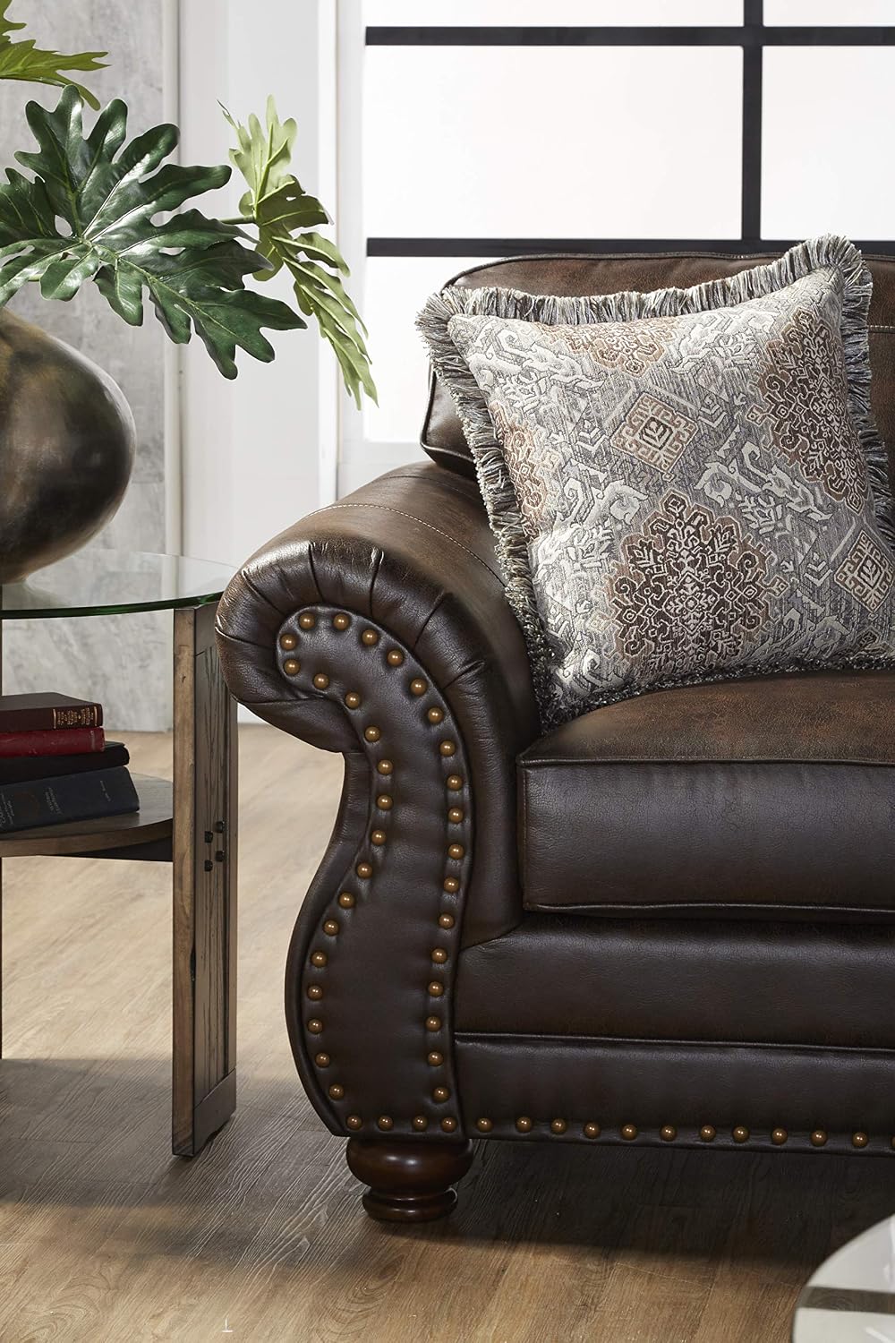 Leinster Faux Leather Sofa with Antique Bronze Nailheads in Espresso
