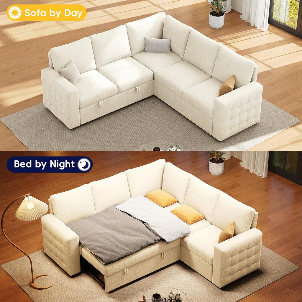 86' Sectional Sleeper Sofa Bed, Sleeper Couch with Pull out Bed, L Shaped Couch with Storage, Modular Sectional Sofa， Sectional Couches for Living Room&Apartment, Convertible Sofas, Beige Couches
