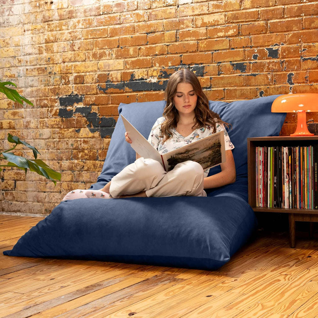 Pillow Saxx Bean Bag Rocking Chair - Elegant Oversized Rocker with Modern Wood Frame, Lush Velvet Navy Blue