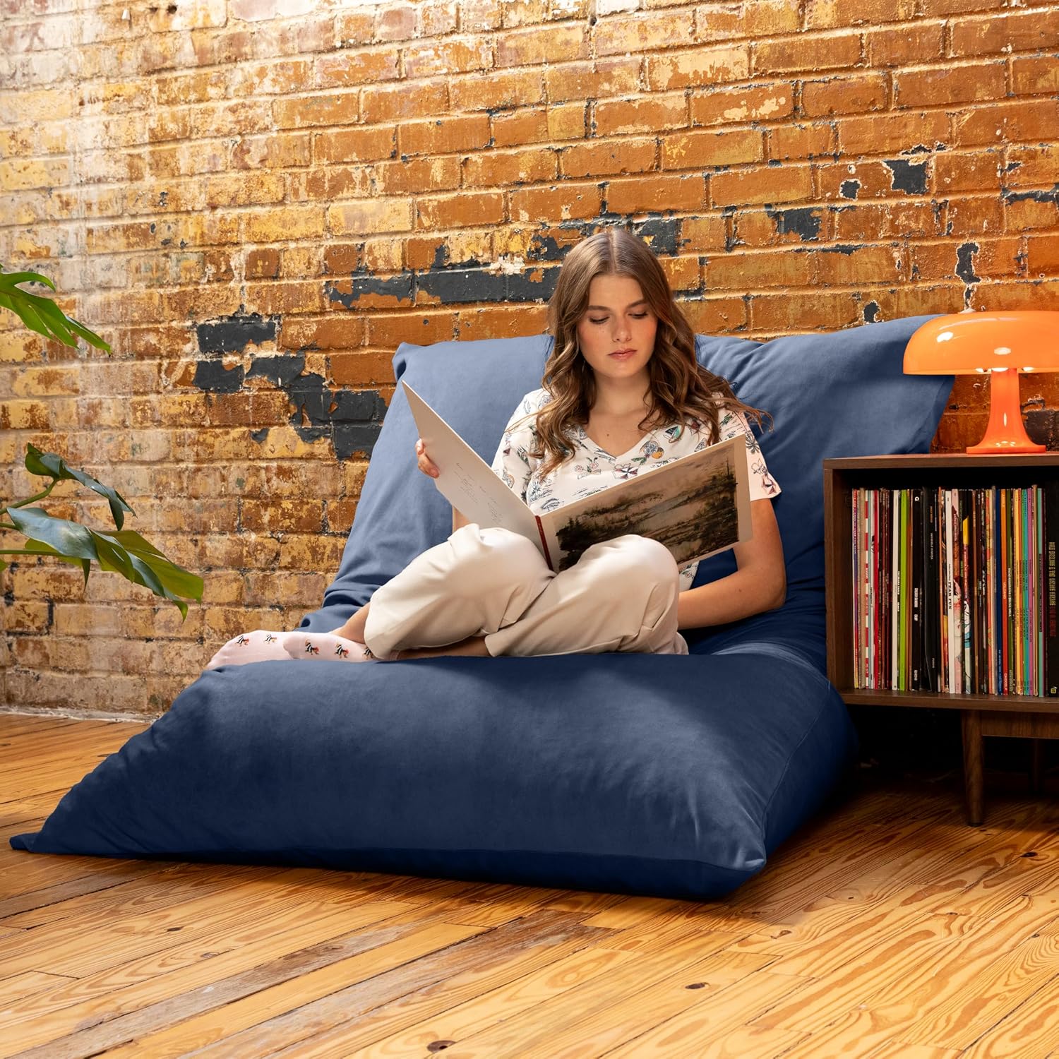 Pillow Saxx Bean Bag Rocking Chair - Elegant Oversized Rocker with Modern Wood Frame, Lush Velvet Navy Blue