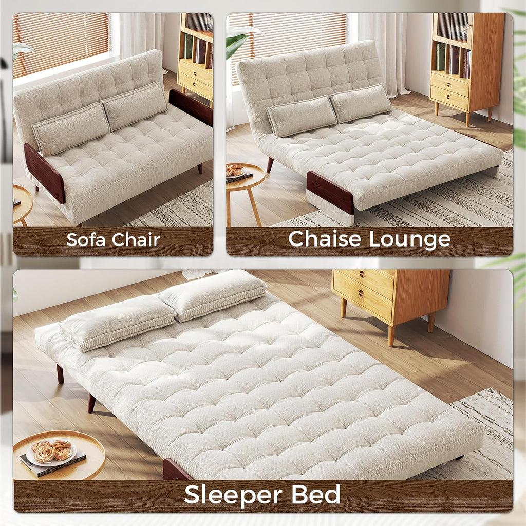 JASIWAY Convertible Sleeper Chair Bed for Adults, 3 in 1 Linen Convertable Futon Chair with Pillow, Fold Out Single Sleeper Couch Guest Bed for Small Spaces, Bedroom Mid-century with Walnut Arm, 43.3'
