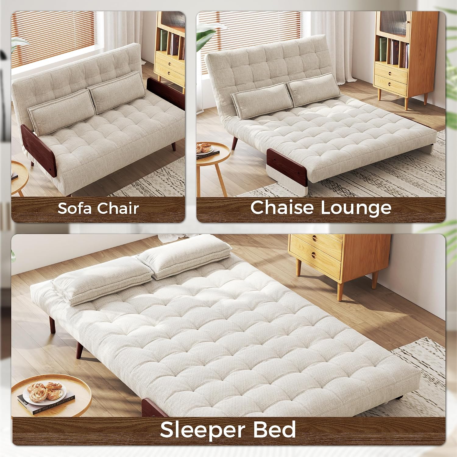 JASIWAY Convertible Sleeper Chair Bed for Adults, 3 in 1 Linen Convertable Futon Chair with Pillow, Fold Out Single Sleeper Couch Guest Bed for Small Spaces, Bedroom Mid-century with Walnut Arm, 43.3'