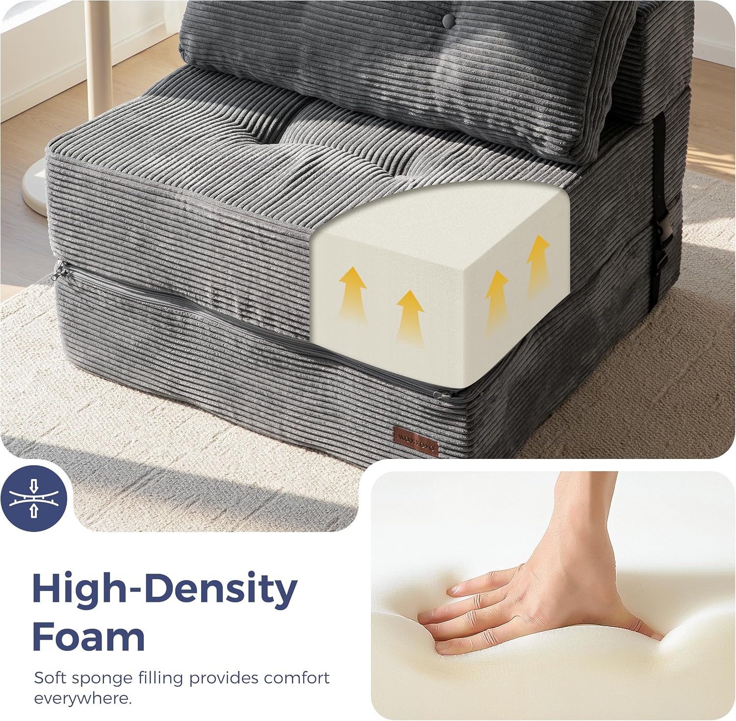MAXYOYO Folding Sofa Bed, Convertible Sofa Bed with High-Density Support Foam, Portable 4 in 1 Fold Out Chair to Floor Lounger, Versatile Floor Couch for Living Room Bedroom, Dark Grey