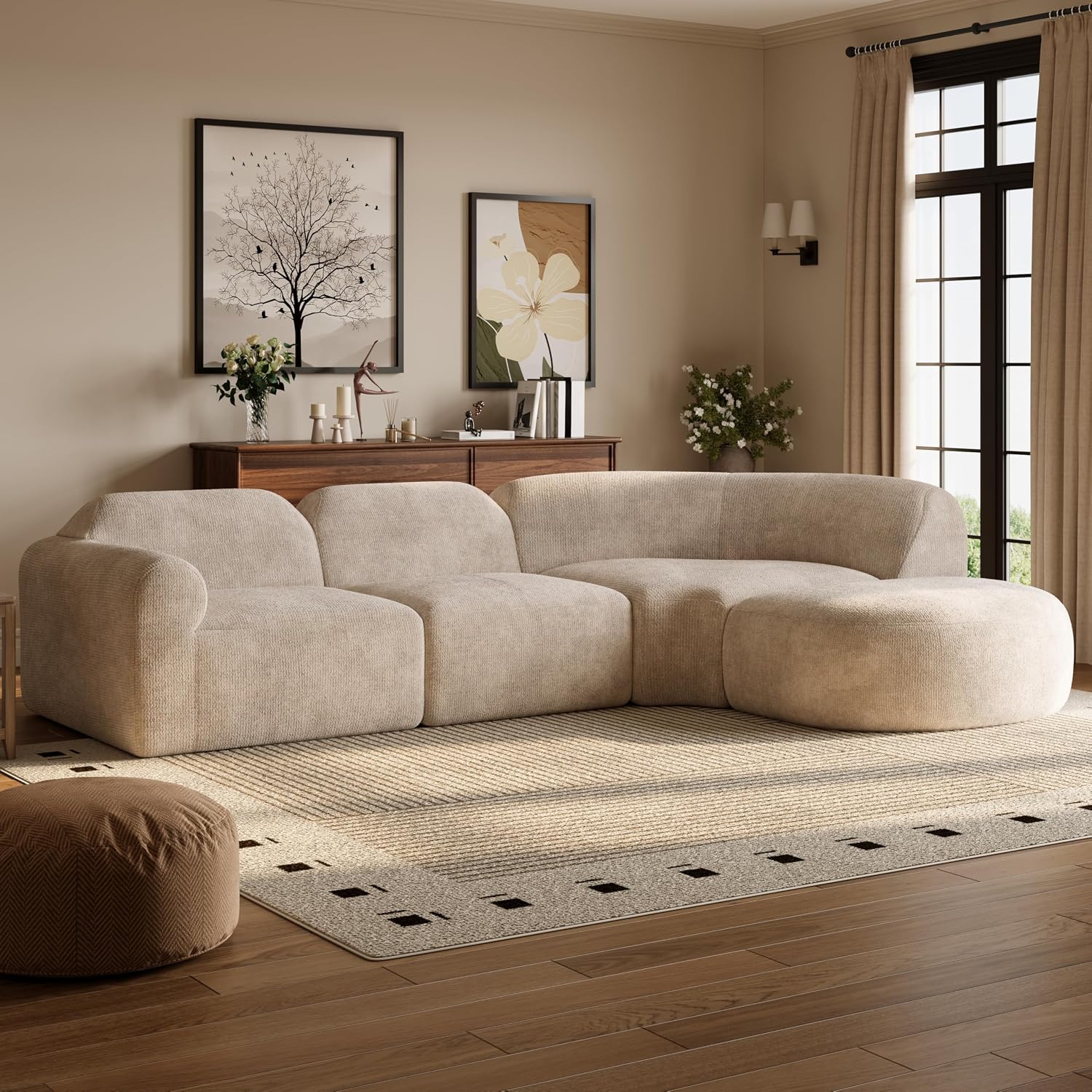 Merax Modern Curved Sectional Sofa with Ottoman, Couch 4-Piece Set High-Density Compressed Sponge, Fully Assembled, Right Hand Facing, Plush Deep Seat for Living Room, Lounge, Apartment, Espresso