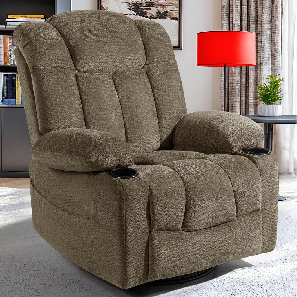 Swivel Rocker Recliner Chair for Adults – Manual Glider Sofa with Massage, Heat & Vibration, 360° Rocking for Living Room or Nursery (Light Brown, 30'x30'x40')