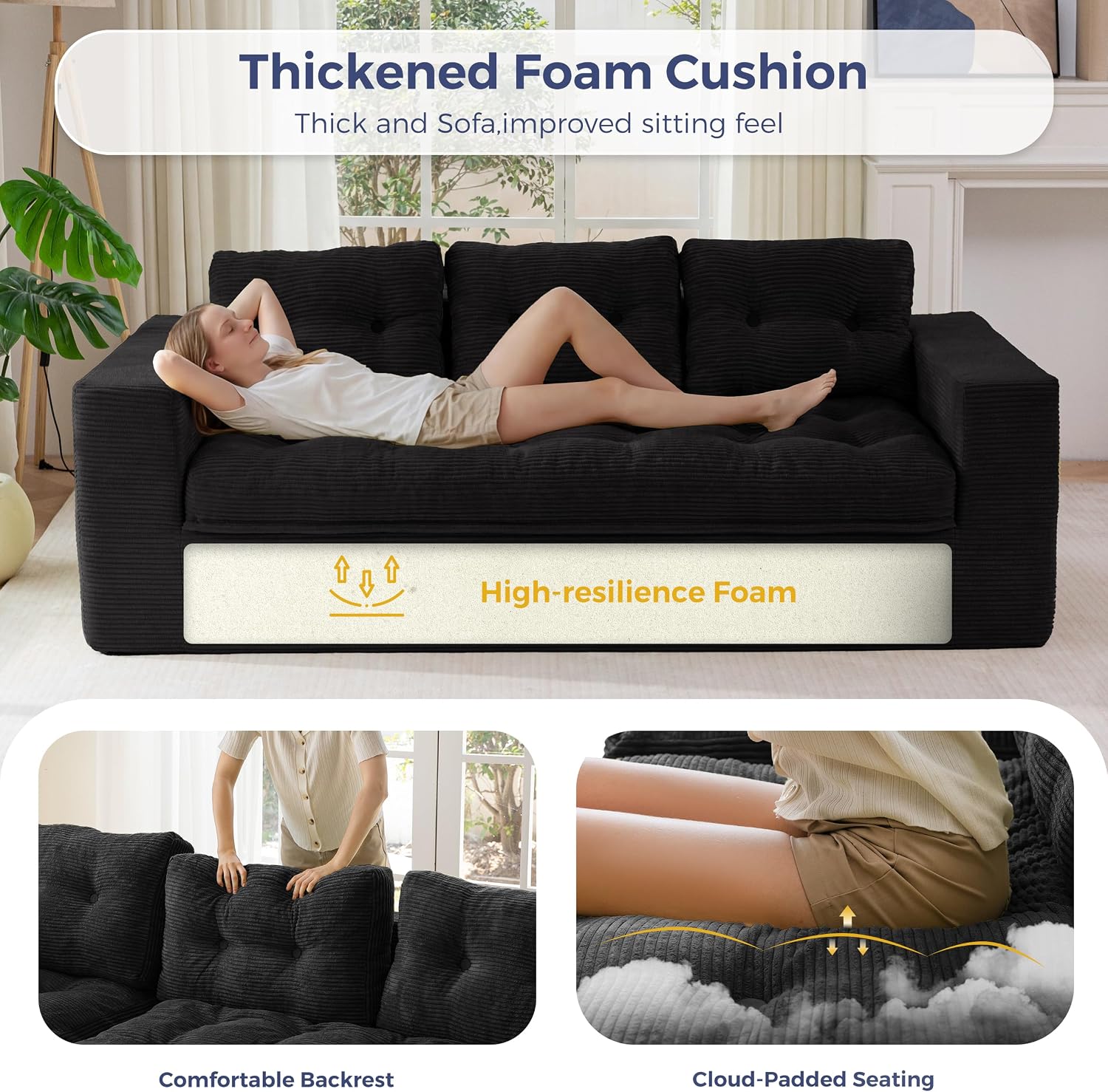 MAXYOYO 3-Seater Boneless Sofa Couch, Modern Sofa for Living Room, Soft Bean Bag Chair High-Density Foam Couch with Pillows, No Assembly Required