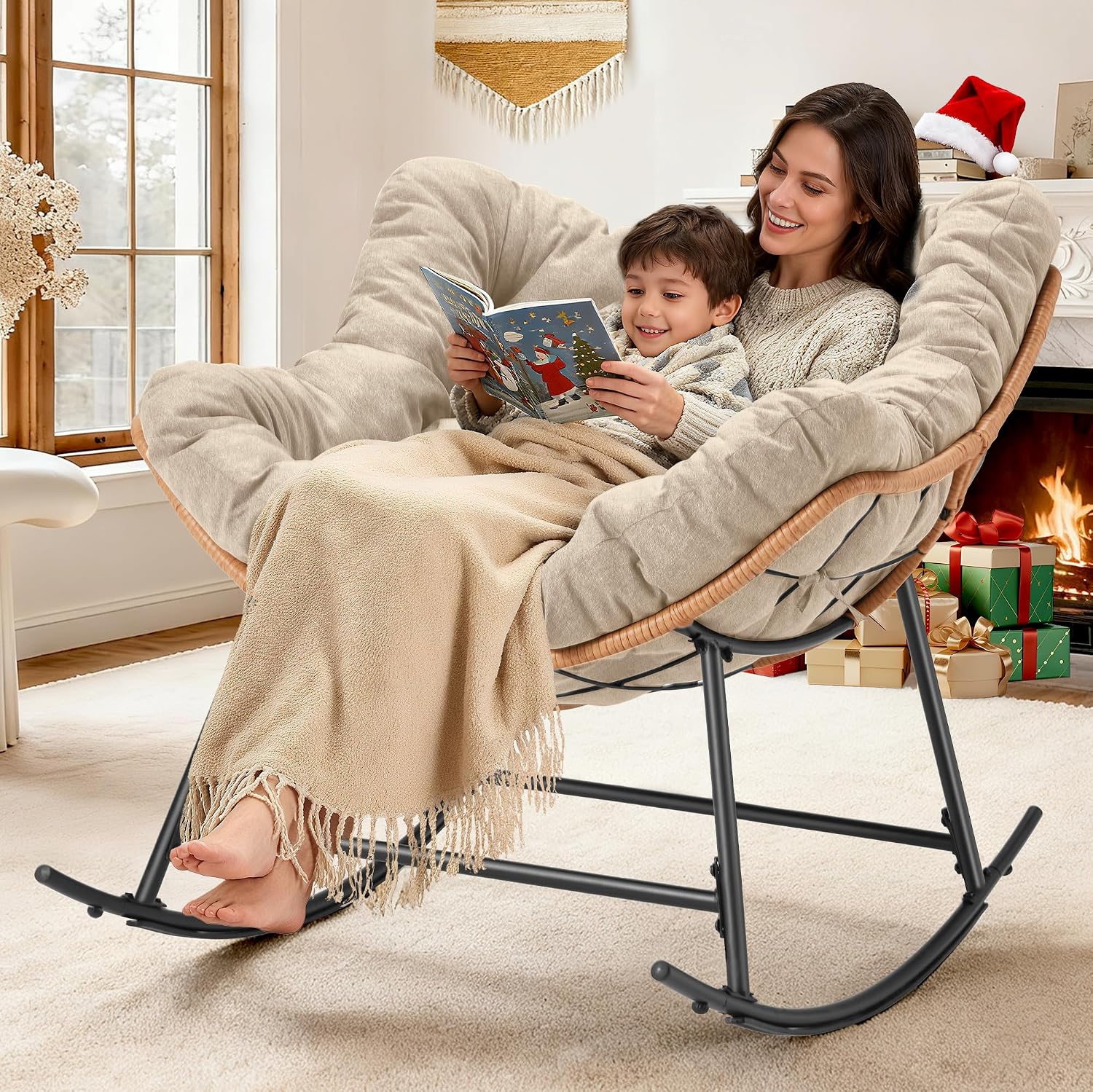 Outdoor Comfy Rocking Chair with Thick Cushion, Rattan Rocker Egg Chair Indoor with Straps, Patio Rocking Chair 450lbs for Garden, Backyard, Balcony, Lawn, Bedroom, Living Room (Beige)