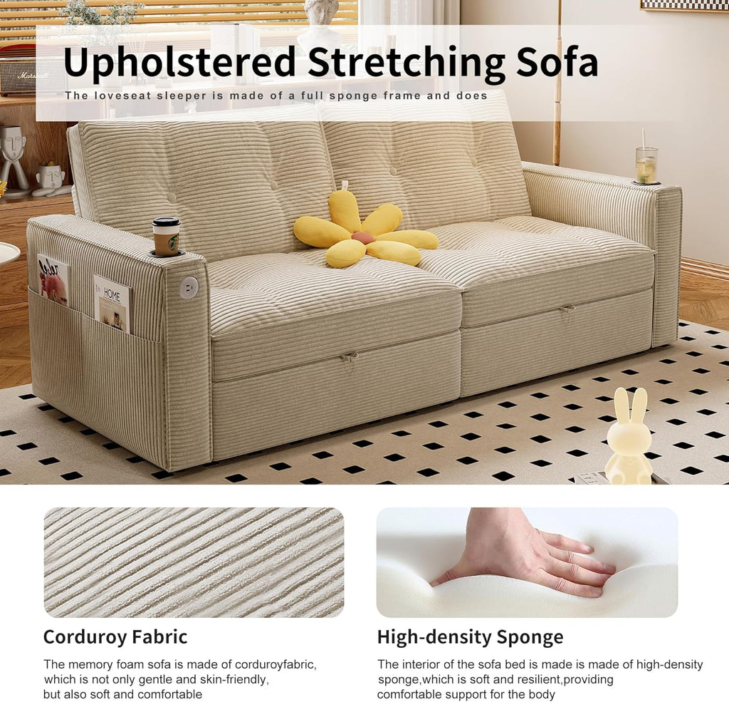 Queen Sofa Bed,Convertible Loveseat Sleeper Sofas,Couch with Pull Out Bed,Pullout Couch Bed for Small Space,Queen Sleeper Sofa Couches for Living Room,Apartment & Guest Room Beige | USB Port, Cup Holder