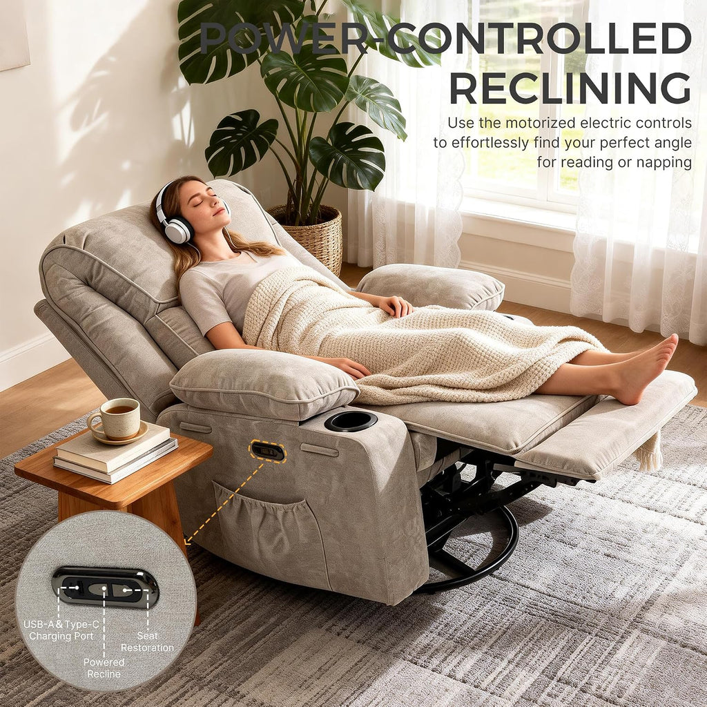 Recliner Chair Power Control, Nursery Reclining & Rocking Chair and Glider, Massage Swivel Living Room Furniture for Small Spaces, Bedroom, RVS, Lounge Sofa Chairs with USB & Type C Ports, Light Gray