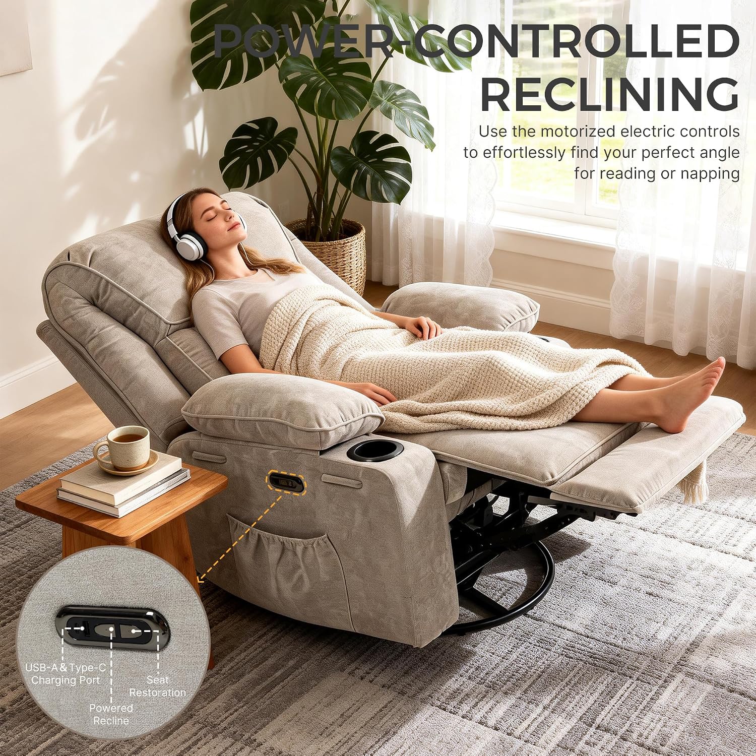 Recliner Chair Power Control, Nursery Reclining & Rocking Chair and Glider, Massage Swivel Living Room Furniture for Small Spaces, Bedroom, RVS, Lounge Sofa Chairs with USB & Type C Ports, Light Gray