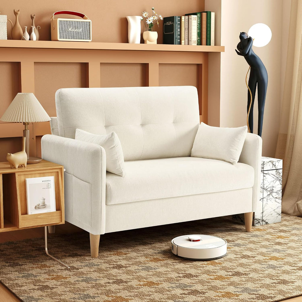 Urhanherry 47' Small Sofa Couch, Soft Chenille loveseat Mini Couch with Throw Pillow and Removable Cushion Cover for Small Spaces, Bedroom, Apartment, Dorm, Office, Living Room(Beige)