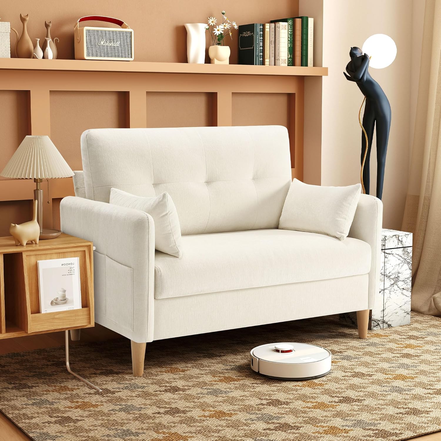 Urhanherry 47' Small Sofa Couch, Soft Chenille loveseat Mini Couch with Throw Pillow and Removable Cushion Cover for Small Spaces, Bedroom, Apartment, Dorm, Office, Living Room(Beige)