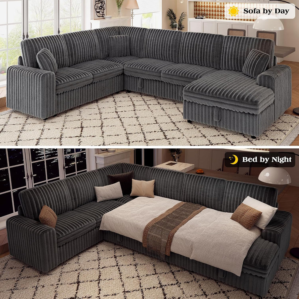 VanAcc 130' Sofa Bed, Sectional Sleeper Sofa with Pull Out Bed, Sleeper Couch for Living Room, 6 Seater Couch with Storage, Faux Fur Dark Grey