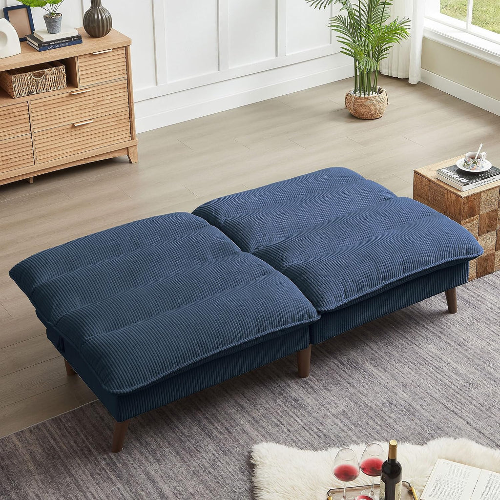 72' Futon Sofa Bed, Futon Couch with Adjustable Backrest, Recliner Small Loveseat for Living Room, Office, Apartment, Corduroy Loveseat, Blue