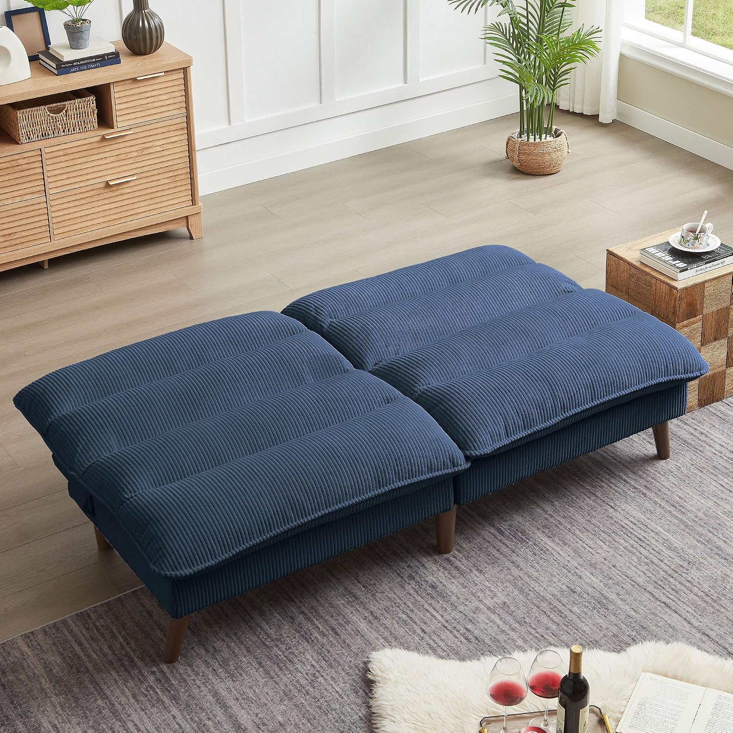72' Futon Sofa Bed, Futon Couch with Adjustable Backrest, Recliner Small Loveseat for Living Room, Office, Apartment, Corduroy Loveseat, Blue
