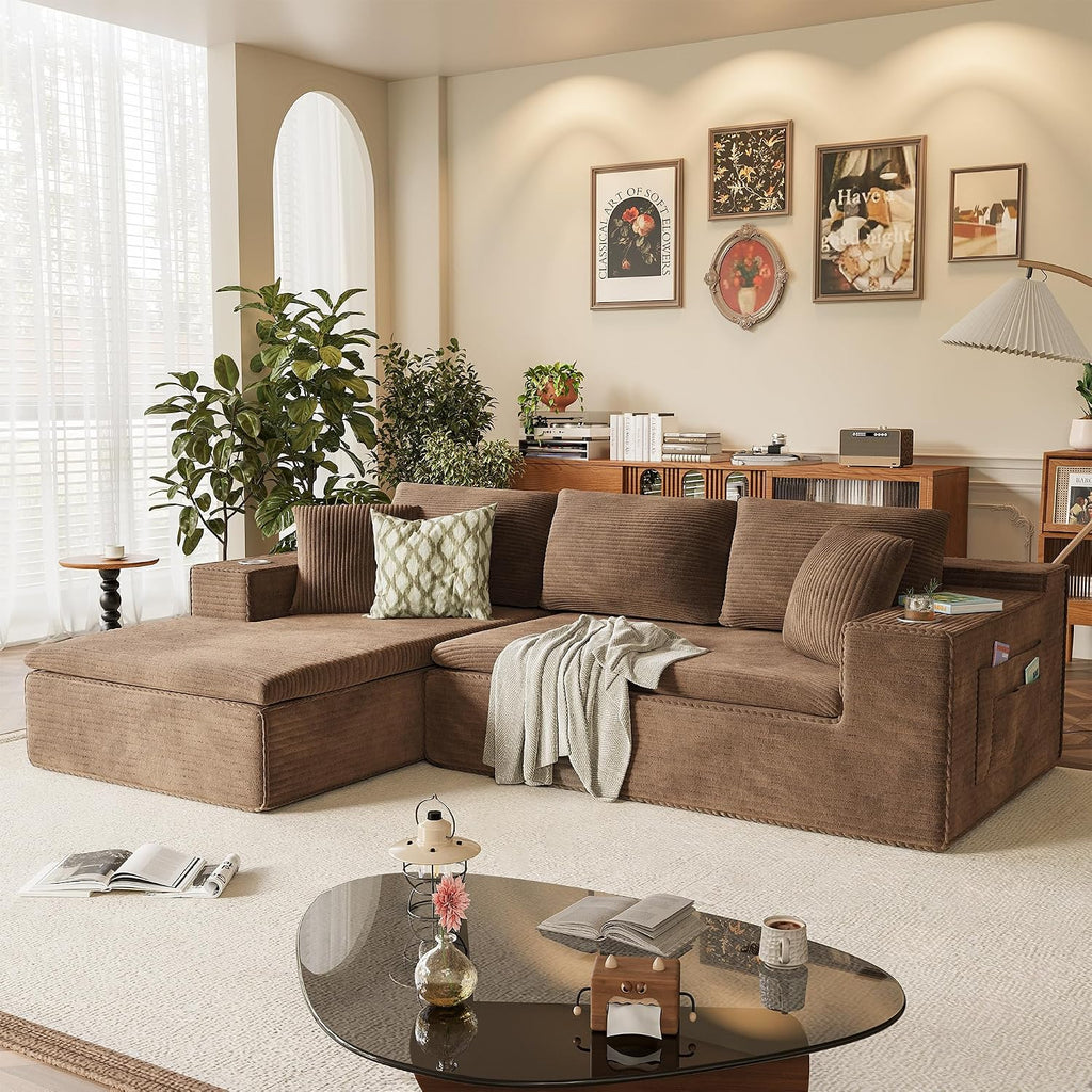 Homall 109' Boneless Couch with Memory Foam, Modular Sectional Sofa with L-Shape Chaise, Cloud Couch with Deep Seat, Dual Cup Holders & Side Pockets, No Assembly Required (Brown)