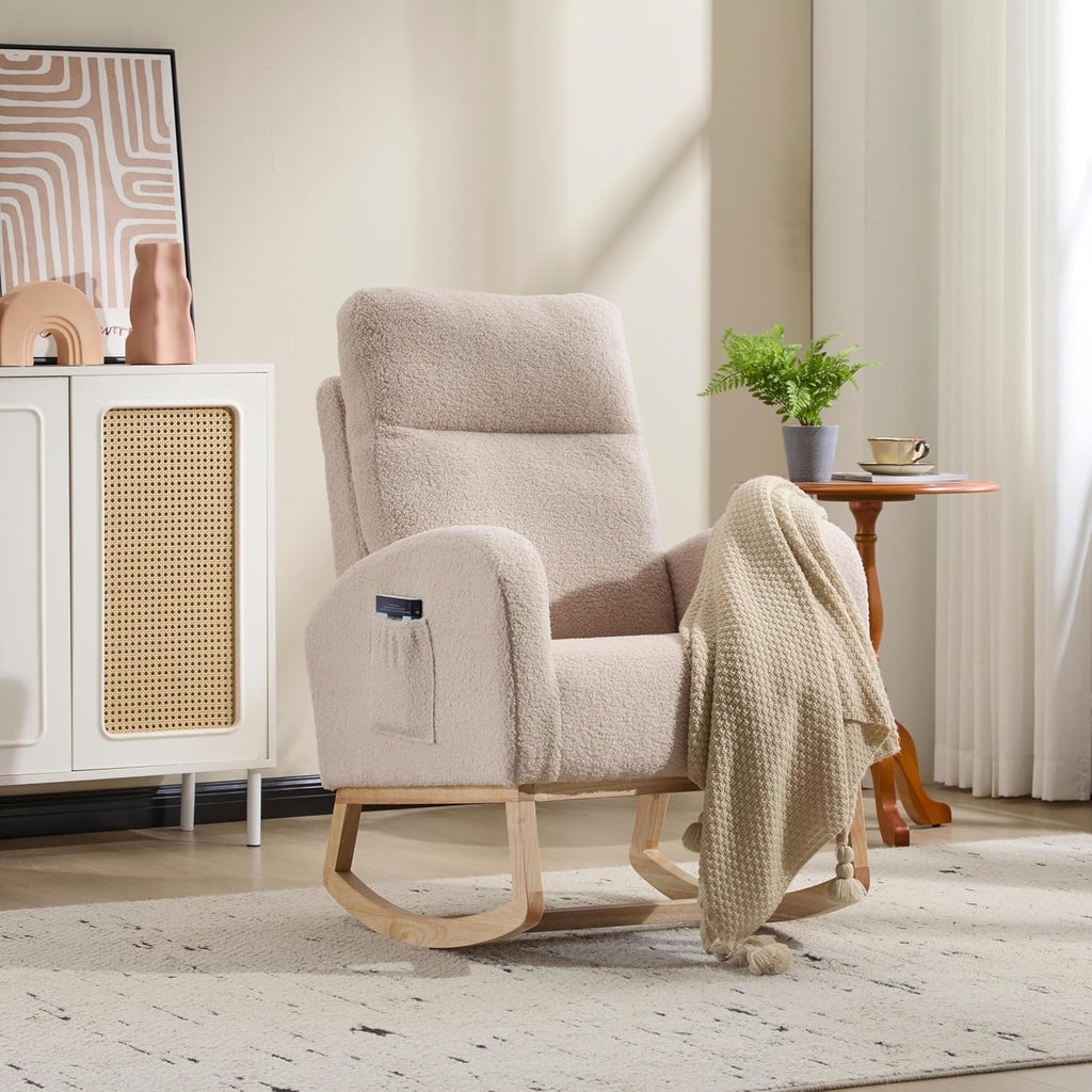 KEIKI Upholstered Rocking Armchair for Bedroom or Apartment, Soft Cushioned Nursery Glider with Wood Legs, High Back Support and Side Pocket for Everyday Comfort
