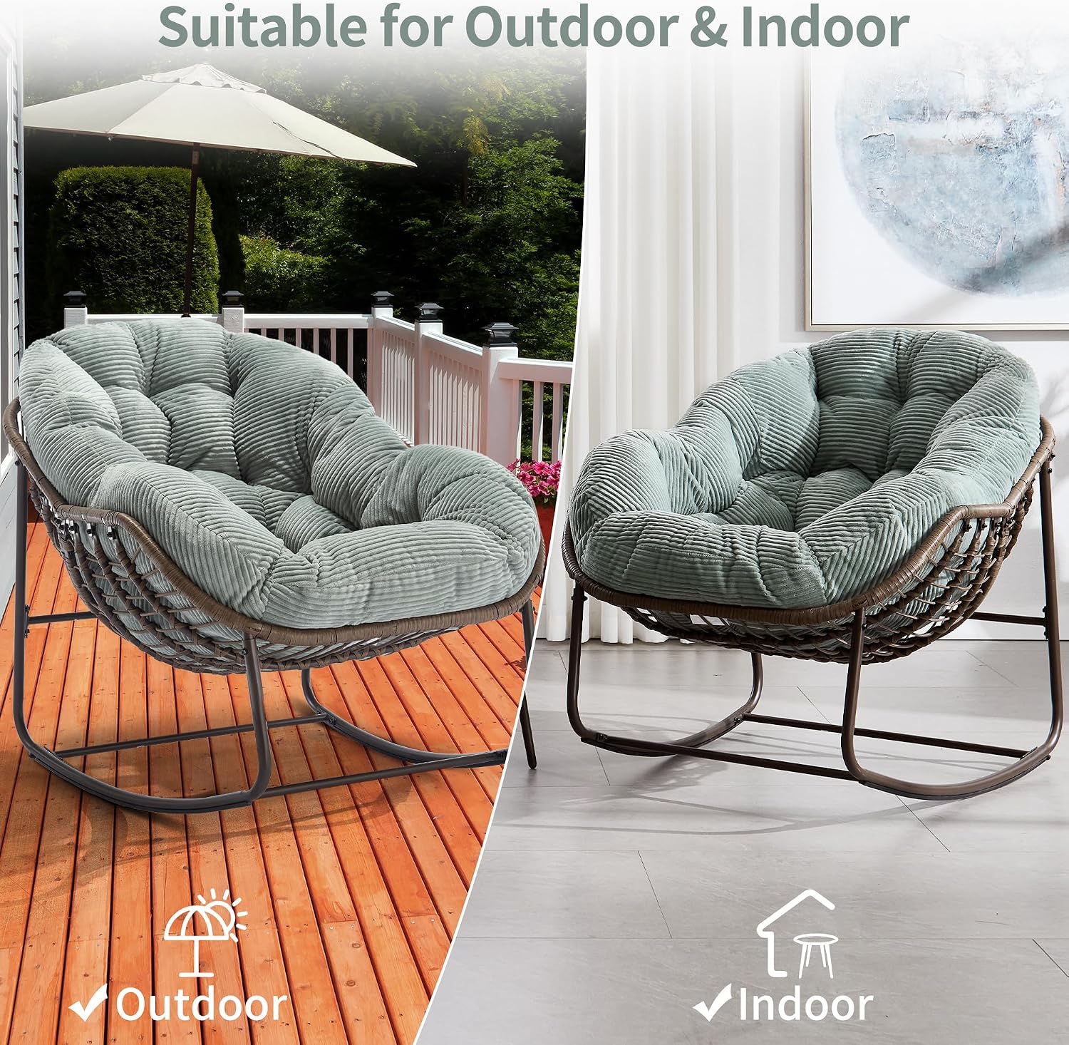 HOMEFUN Outdoor Patio Rocking Chairs Set of 2, Oversized Papasan Rock Chair Indoor with Striped Velvet Padded Cushion - Rocker Egg Seat for Front Porch, Garden, Patio, Backyard Green
