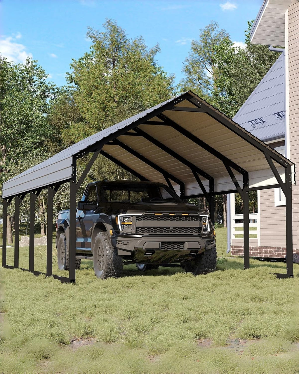 GarveeLife 12x20 ft Metal Carport, Reinforced Frame and Steel Roof for All-Weather Use, Permanent Shelter for Bass Boats, Full-Sized Pickup Trucks, and Tractors