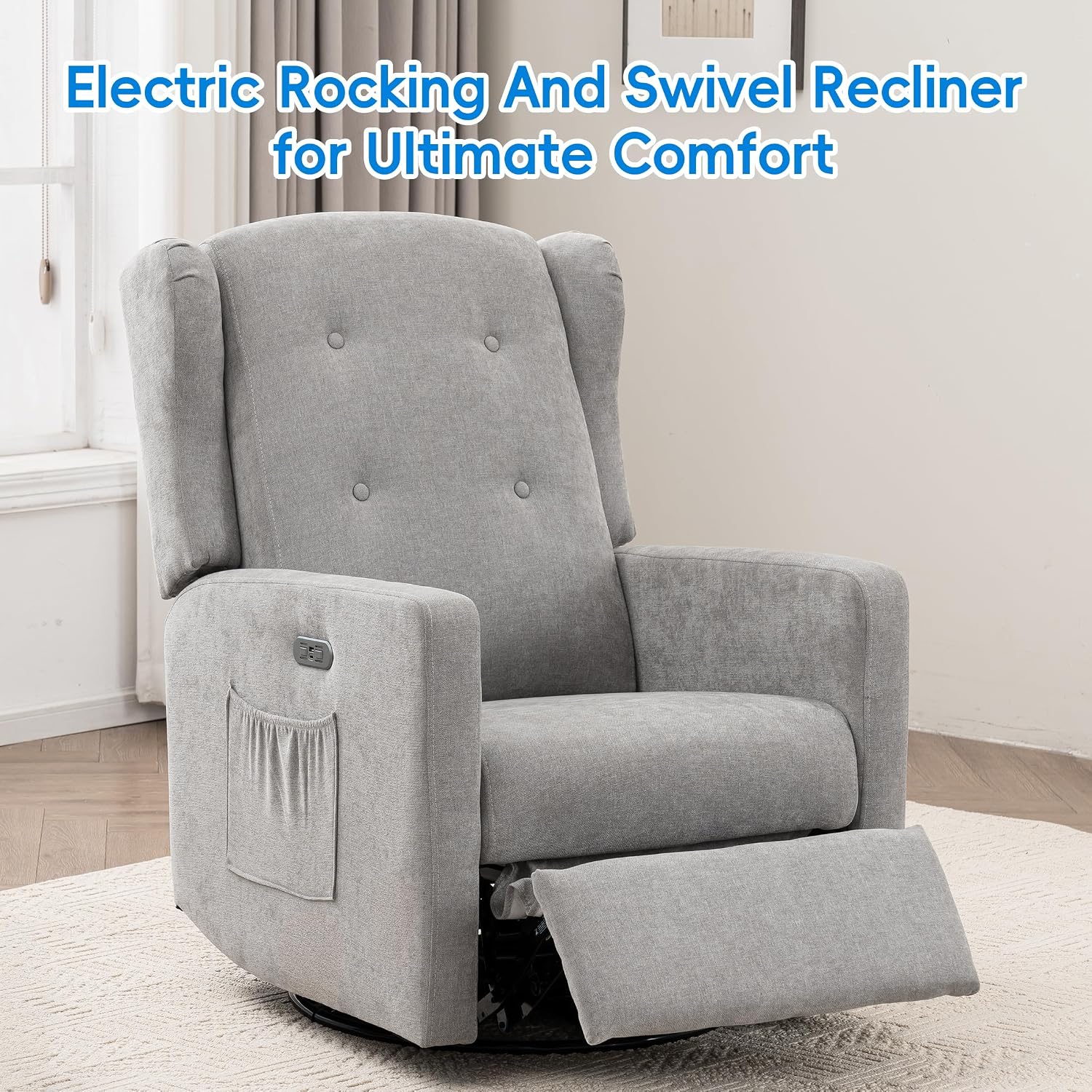 Swivel Rocker Power Recliner Chair for Nursery, 270° Swivel Glider Recliner with USB & Type-C Charging, Electric Reclining Chair with Storage Pockets, Upholstered Recliner for Living Room (Grey)