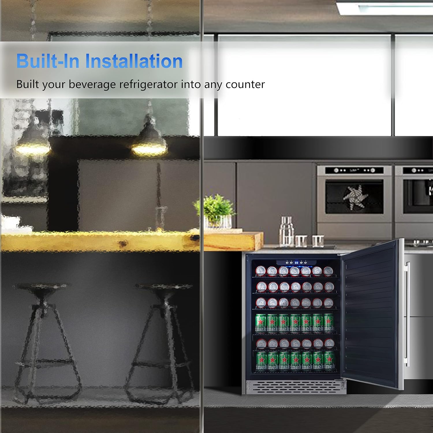 Phiestina Beverage Refrigerator 24Inch, 175 Cans Indoor/Outdoor Undercounter Beverage Cooler Refrigerator Stainless Steel Beer Fridge with Safety Lock Built-in/Freestanding-Silver Foam Door