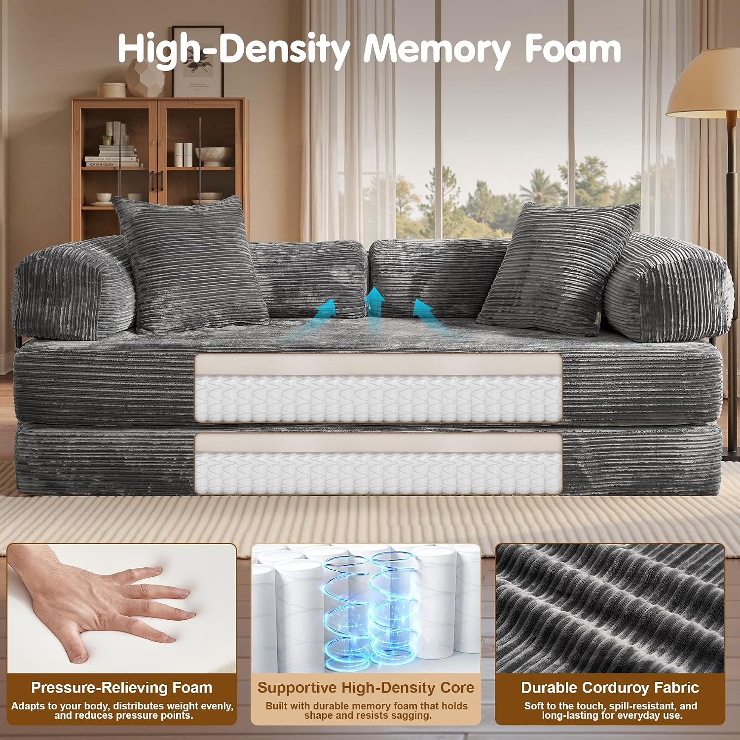 81″ Convertible Sleeper Sofa Bed with Pillows, Corduroy Foldable Mattress Couch with Fixed-Shape Frame, Futon Sofa Bed, Boneless Couch for Living Room Bedroom Lounge Studio, Gray