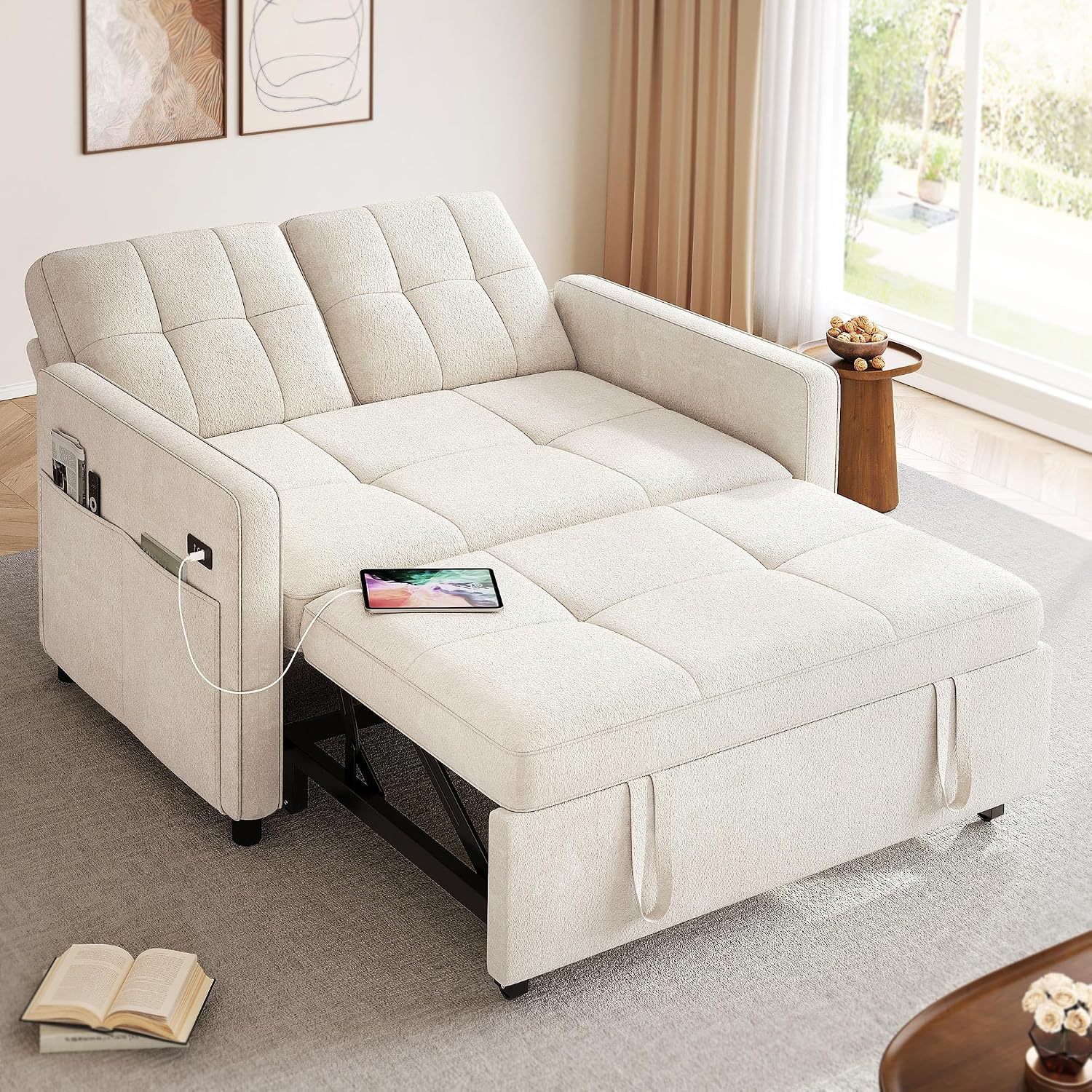 YITAHOME 55' Convertible Sofa Bed, 3-in-1 Sleeper Sofa with Pull-Out Bed, Cat-Scratch-Proof Futon Couch with 5-Levels Reclining Backrest, USB and Side Pocket, Modern Loveseat for Living Room, Beige