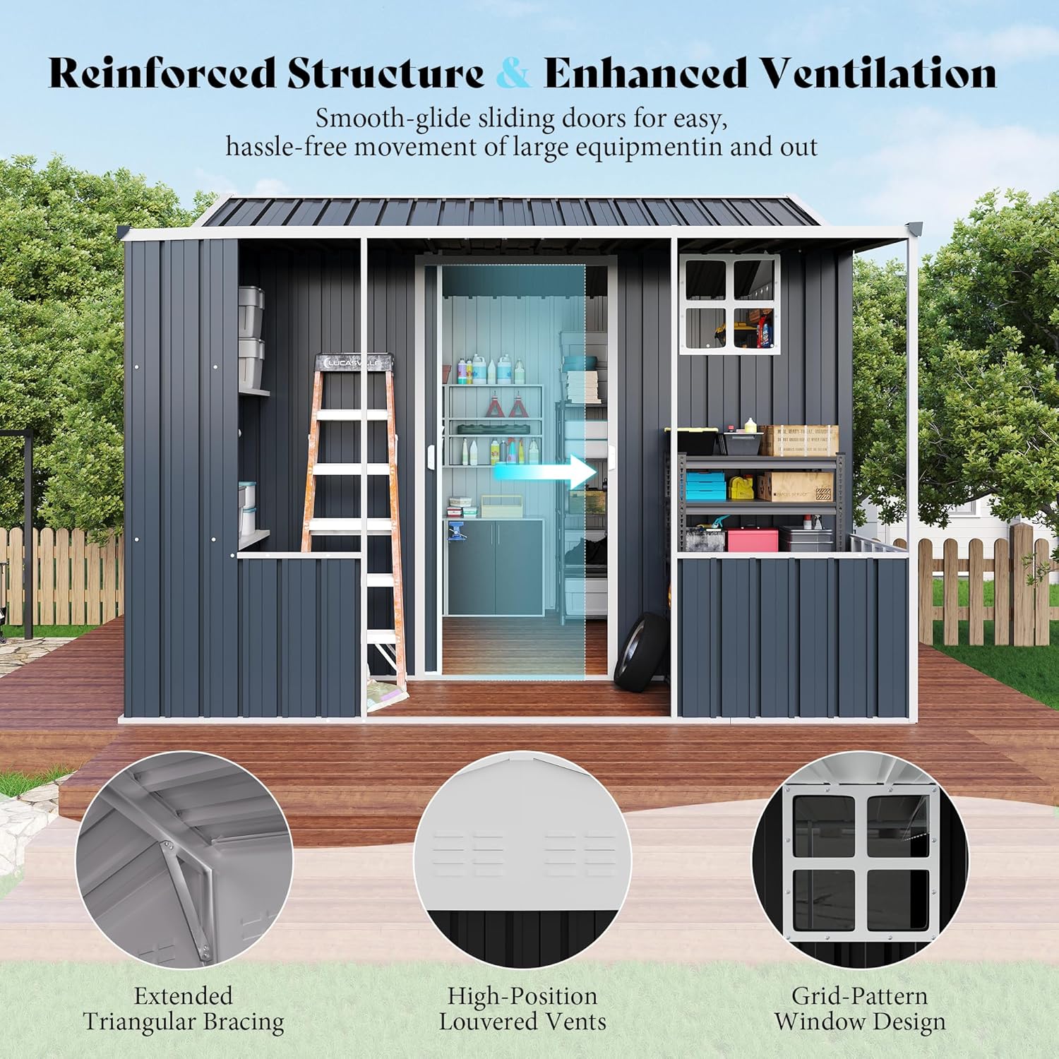 VanAcc 9x9x7 FT Metal Storage Shed, Dual-Zone Tool Shed with Work Area, Reinforced Frame, Gable Roof, Ventilated Design, Dark Grey