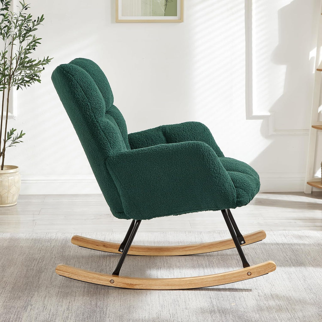 Glider Chair for Living Room & Nursery, Tufted Upholstered Teddy Rocking Chair with High Backrest & Stable Metal Frame, 300lbs Capacity, Comfy Rocker Glider for Adults & Kids, Office & Bedroom(Green)
