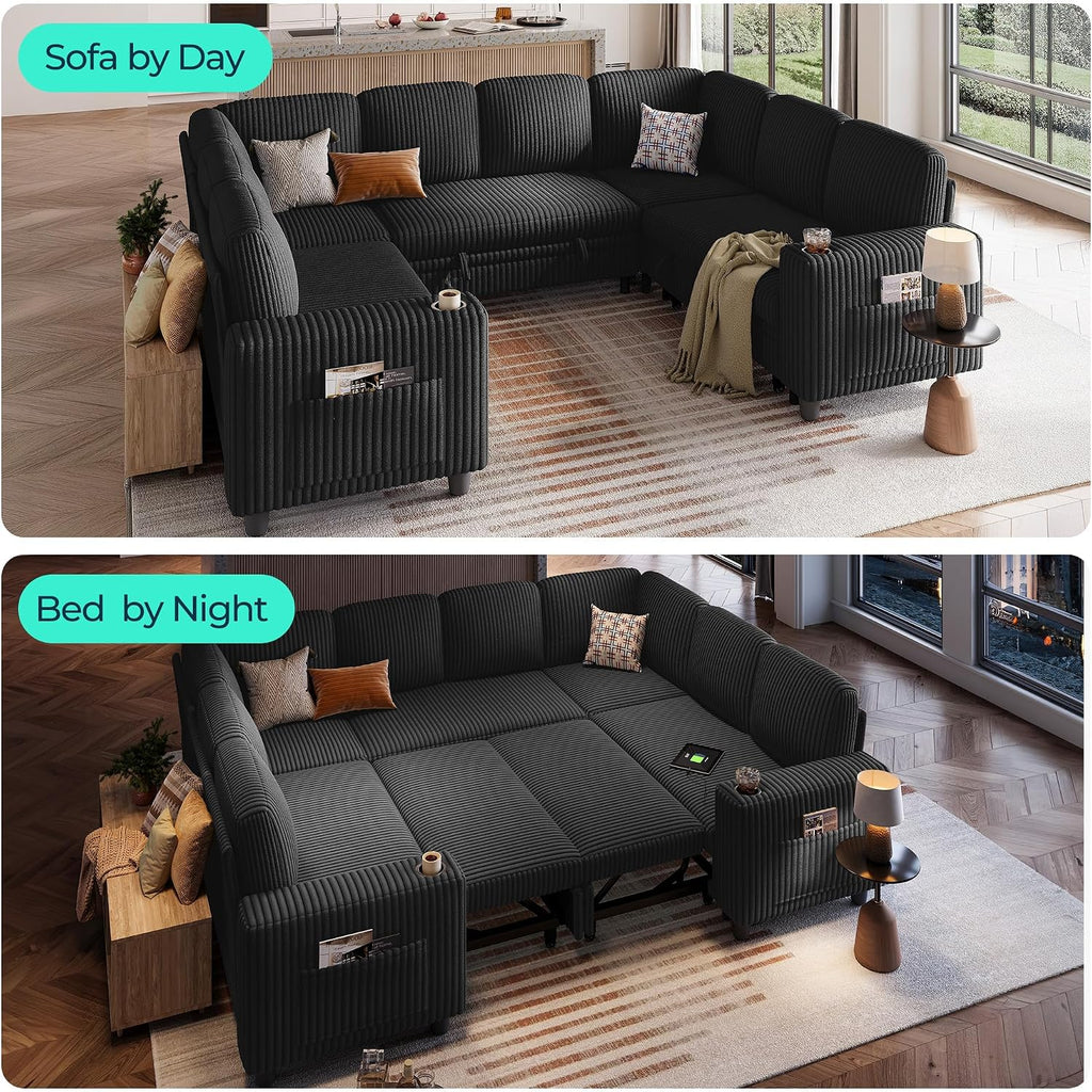 LINSY HOME Sectional Sleeper Sofa with Storage Chaise & USB Charging, Convertible Pull Out Couch Bed Plush Corduroy Modular Sectional Couches for Living Room Apartment (Black)