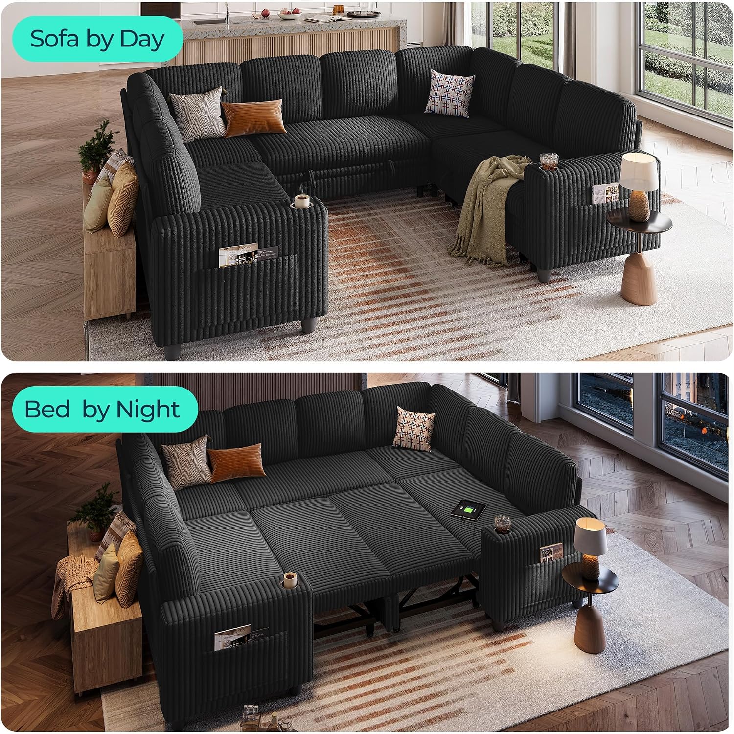 LINSY HOME Sectional Sleeper Sofa with Storage Chaise & USB Charging, Convertible Pull Out Couch Bed Plush Corduroy Modular Sectional Couches for Living Room Apartment (Black)