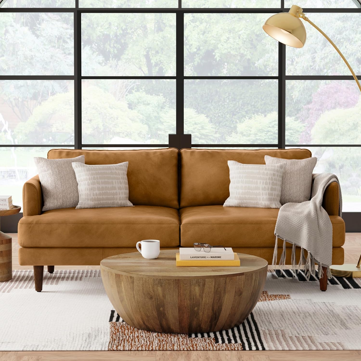 SIMPLIHOME Livingston Sofa - 76' Wide x 33' High Top Grain Genuine Leather Sofa in Sienna, Mid-Century Modern Loveseat for Living Room with Removable Feather-Wrapped Cushions and Solid Wood Frame