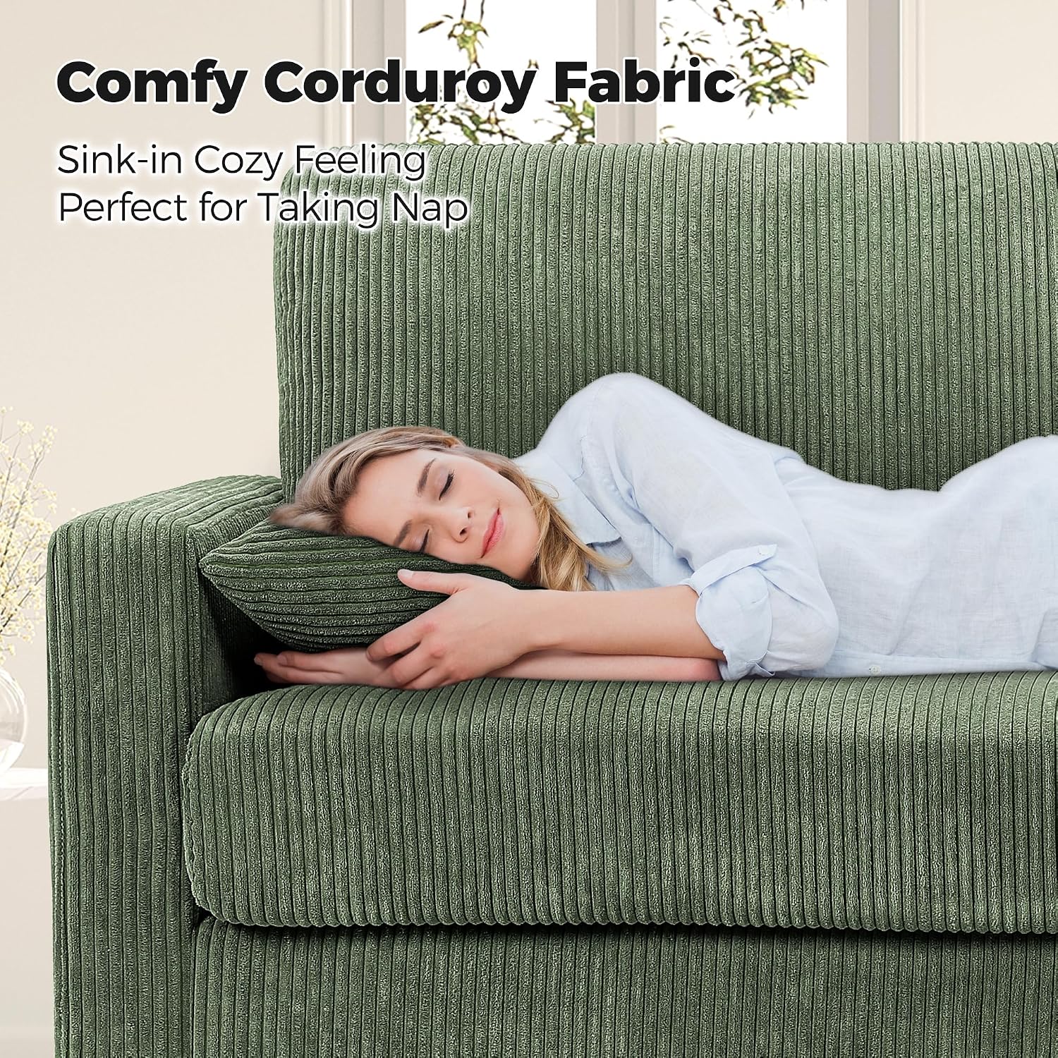 Kidirect 70in Corduroy Couch, Sofas for Living Room No Tool Assembly, Comfy Couches for Living Room 21in Deep Seats, Oversized Loveseat Sofa with 2 Pillows, 3 Seater Couch for Bedroom, Green Sofa