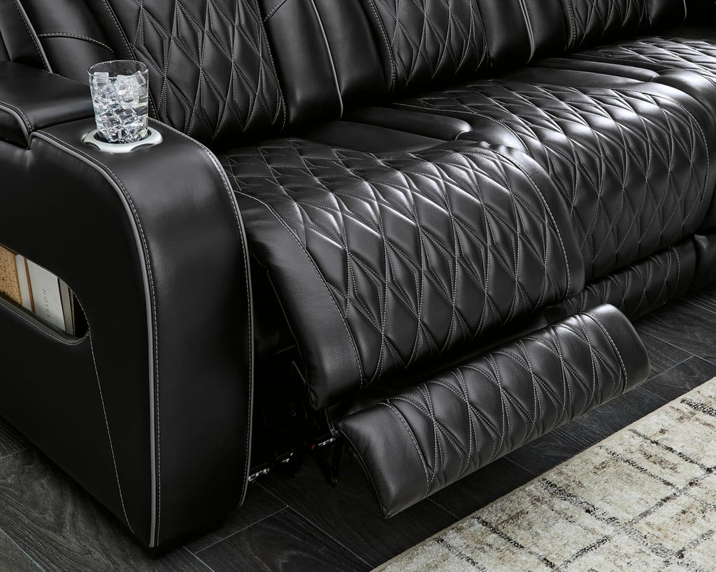Signature Design by Ashley Boyington Modern Leather Match Power Reclining Loveseat with Console, Adjustable Headrest, Massage, Heated Seat and LED Lights, Black