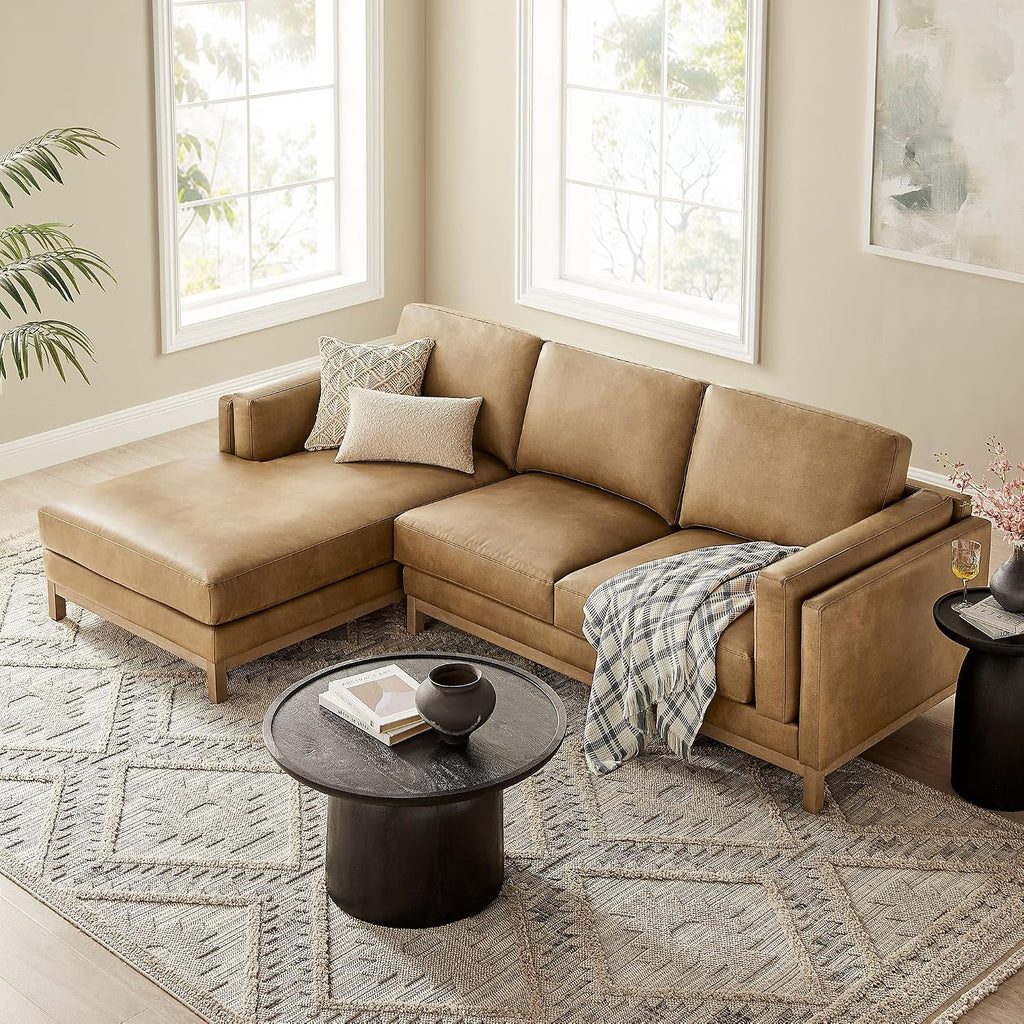 Modway Roscoe Left-Facing Sectional Sofa with Chaise in Toast - 2-Piece Faux Leather Upholstered Deep Seat Couch, L Shaped Modular for Living Room or Lounge