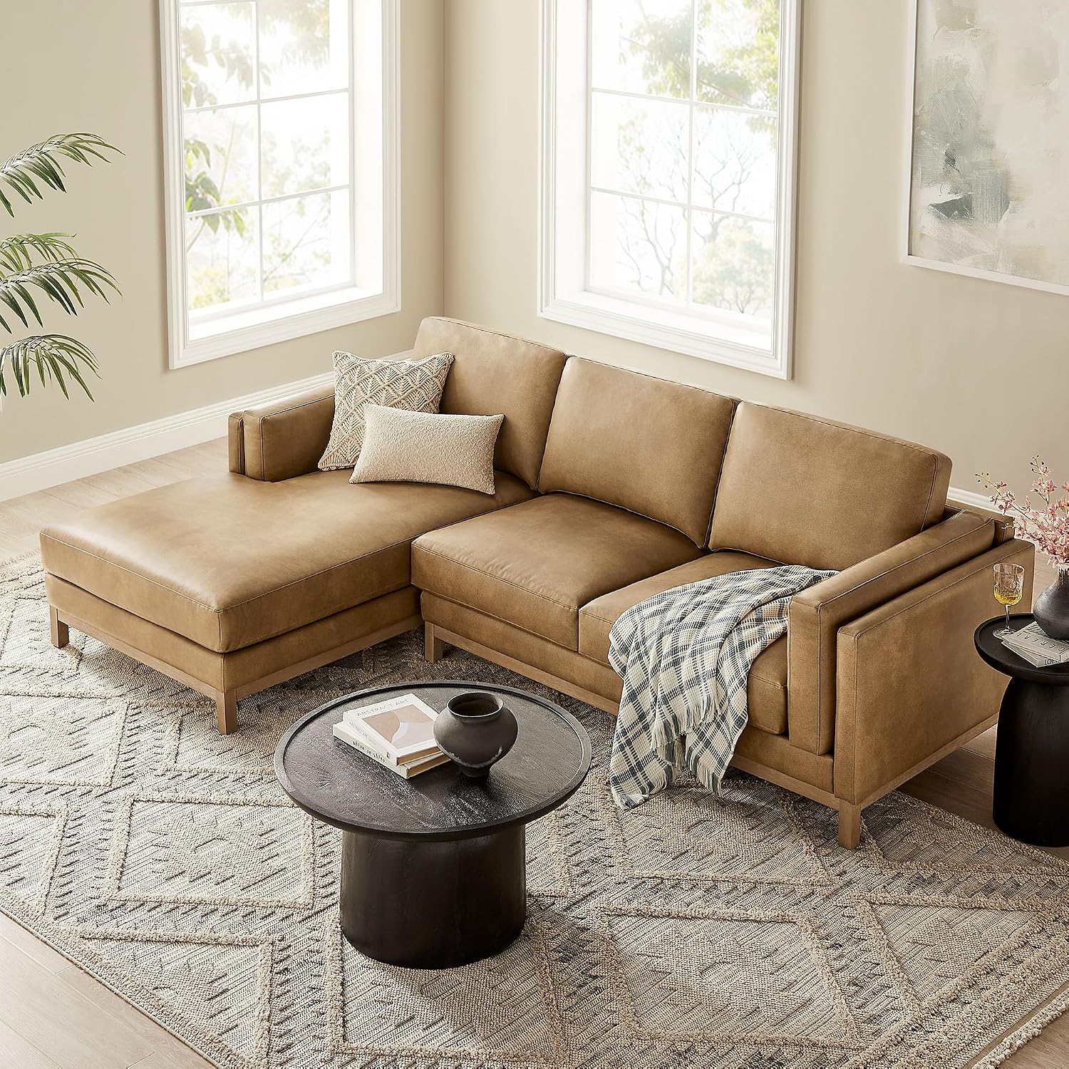 Modway Roscoe Left-Facing Sectional Sofa with Chaise in Toast - 2-Piece Faux Leather Upholstered Deep Seat Couch, L Shaped Modular for Living Room or Lounge