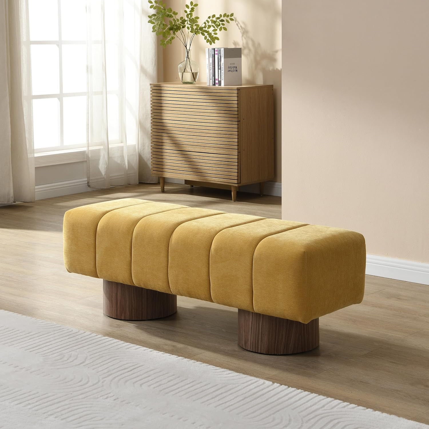 Christopher Knight Home Manila 50' Chenille Fabric Dining Bench for 2 People, Upholstery Ottoman Bench, End of Bed Footstool, Living Room Sofa Extra Seat/Footrest, No Assembly Needed, Mustard Yellow