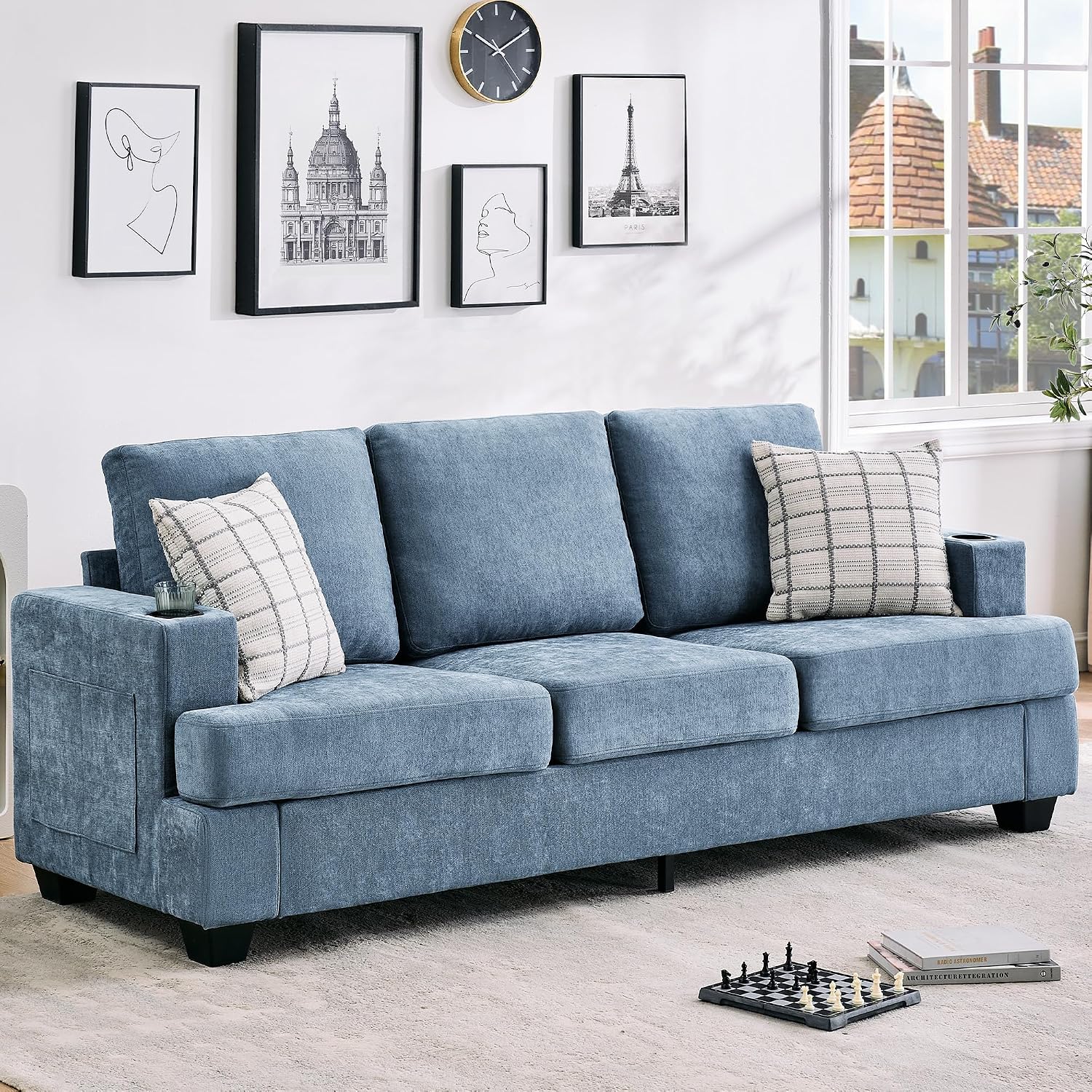 Garvee 89' Modern Sofa for Living Room, 3-Seater Comfy Couches with Deep Seat, Chenille Couch with Cup Holders and Side Storage Pockets for Apartment Lounge, Blue