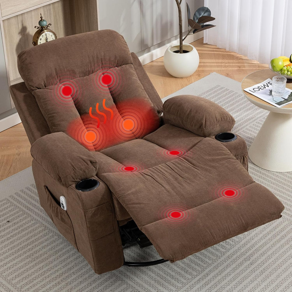 360 Swivel Rocking Chair, Rocker Recliner with Vibration Massage and Heat, Ergonomic Lounge Chair with Rocking Function, Side Pocket, Cup Holders, Soft Breathable Fabric, Brown
