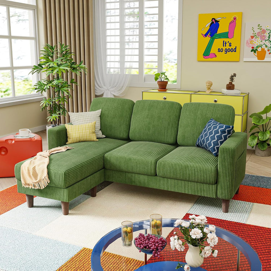 YESHOMY Couches for Living Room, Sofa with Movable Ottoman, Small Couch with Reversible Chaise and Side Pockets, L Shaped Couch for Small Space, Apartment (Corduroy, Green)