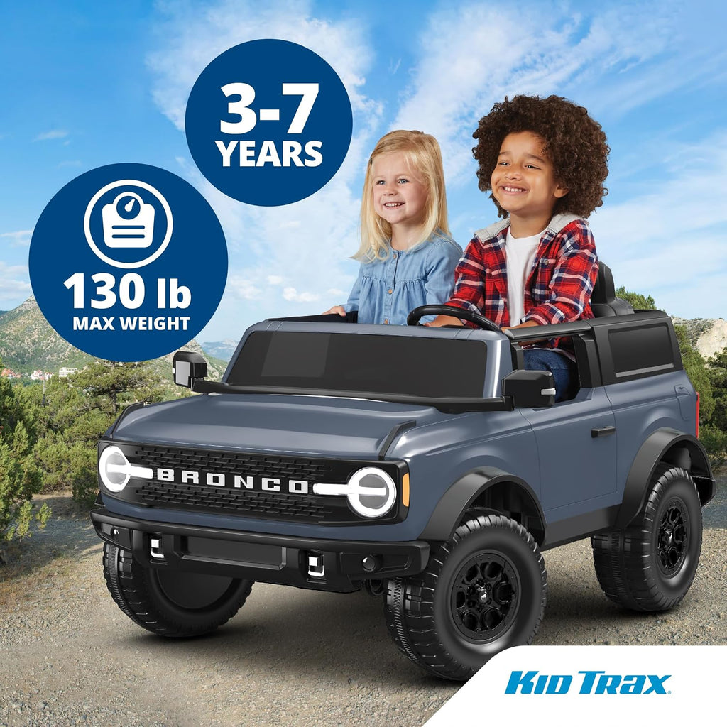 Kid Trax 12V Ford Bronco Ride-On Toy for Ages 3-7, Battery Powered, LED Headlights, FM Radio, MP3, Horn, 2-Seater, Max Weight 130 lb, 2 Speeds, Electric Car for Kids, Kids Ride on Toys, No Remote