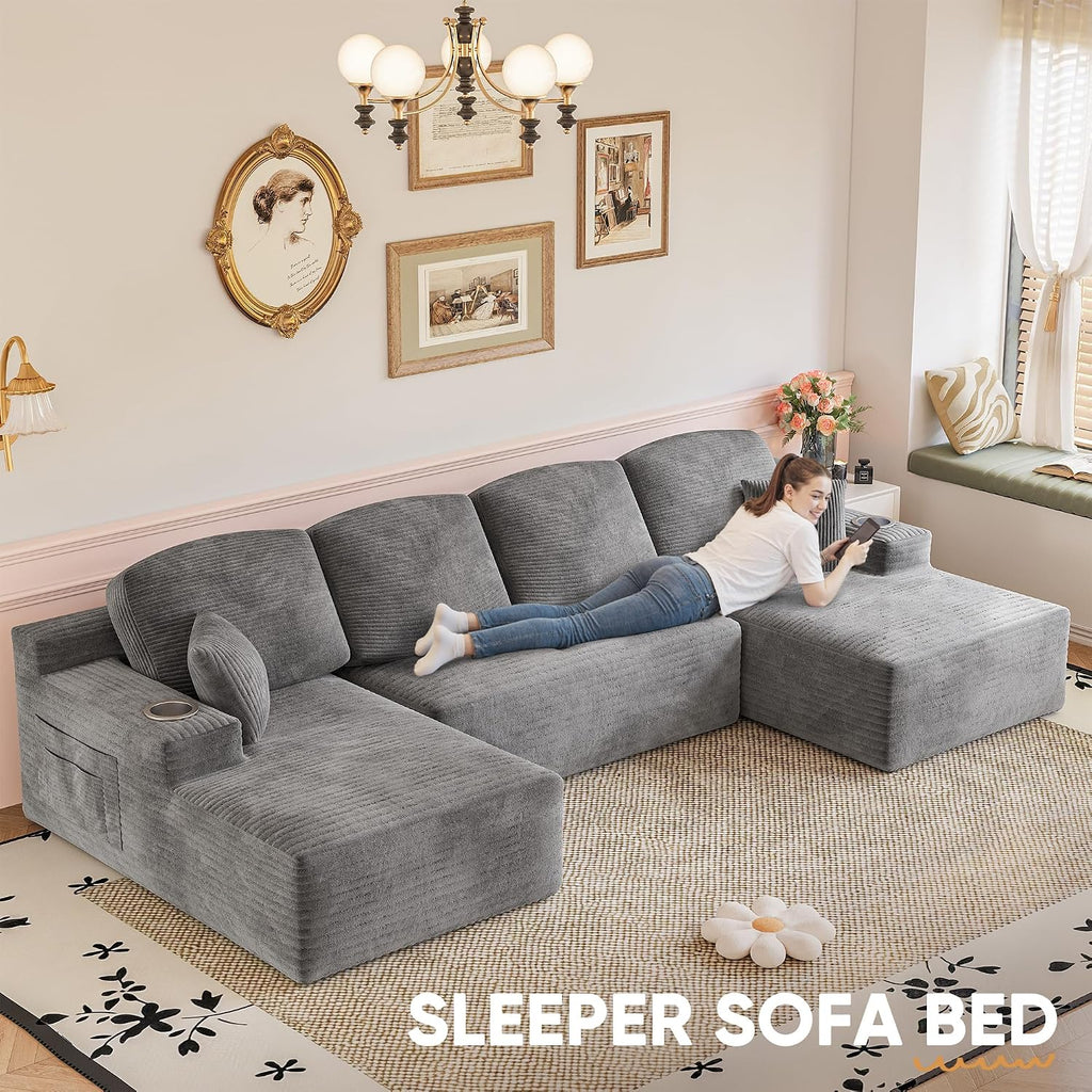 Homall 142' Boneless Couch, Modular Sectional Sofa, No Assembly Required, Memory Foam Filling, Corduroy U-Shaped Sofa, Movable Multi-Person Couch for Living Room (Grey)