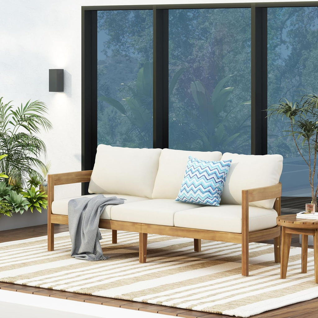 76.5 Inch Outdoor Acacia Wood 3-Seater Patio Sofa with Beige Cushions Curved Tuxedo Design Weather-Resistant Garden Backyard Couch, Teak