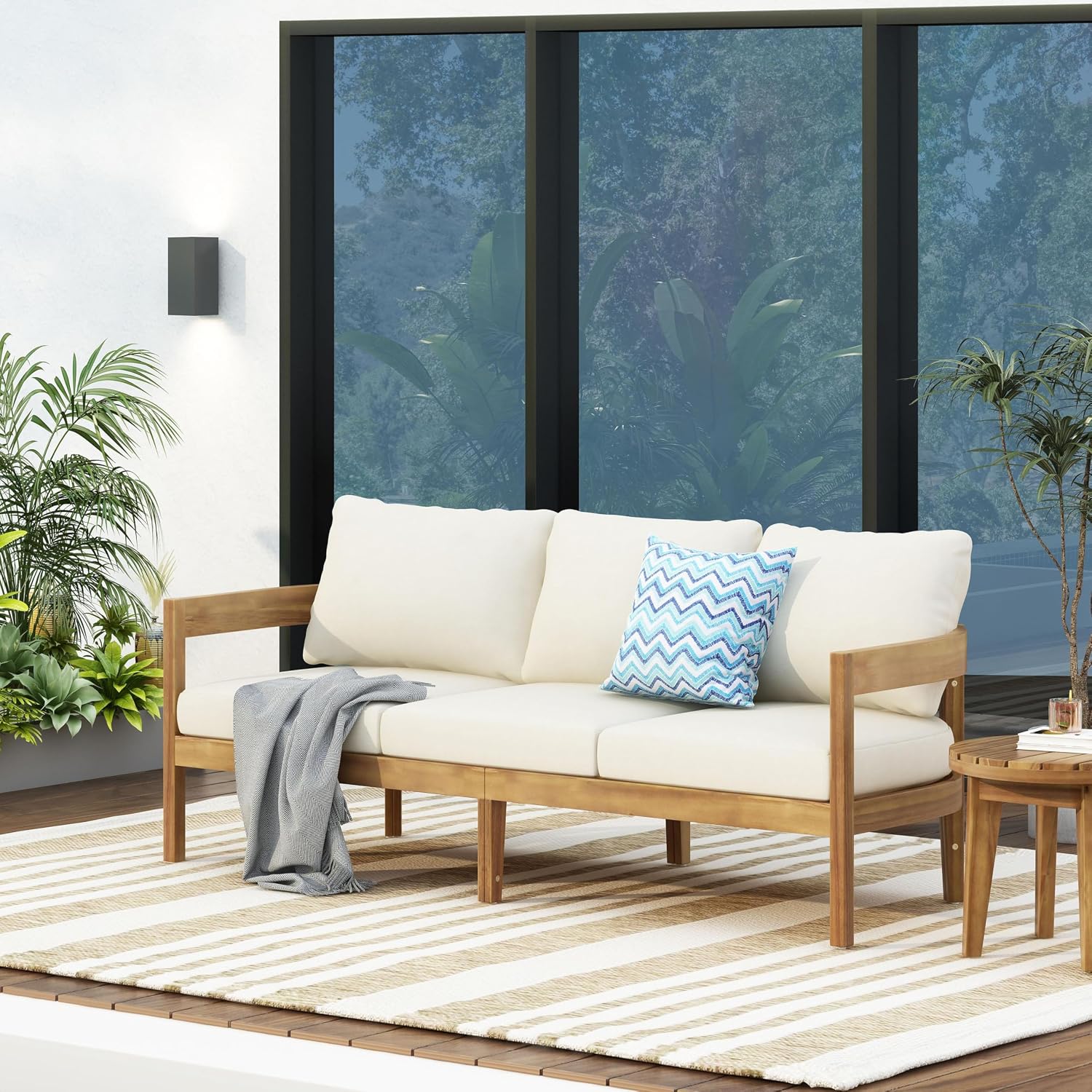76.5 Inch Outdoor Acacia Wood 3-Seater Patio Sofa with Beige Cushions Curved Tuxedo Design Weather-Resistant Garden Backyard Couch, Teak