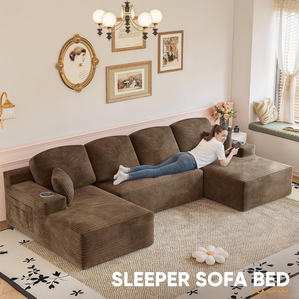Homall 142' Boneless Couch, Modular Sectional Sofa, No Assembly Required, Memory Foam Filling, Corduroy U-Shaped Sofa, Movable Multi-Person Couch for Living Room (Brown)