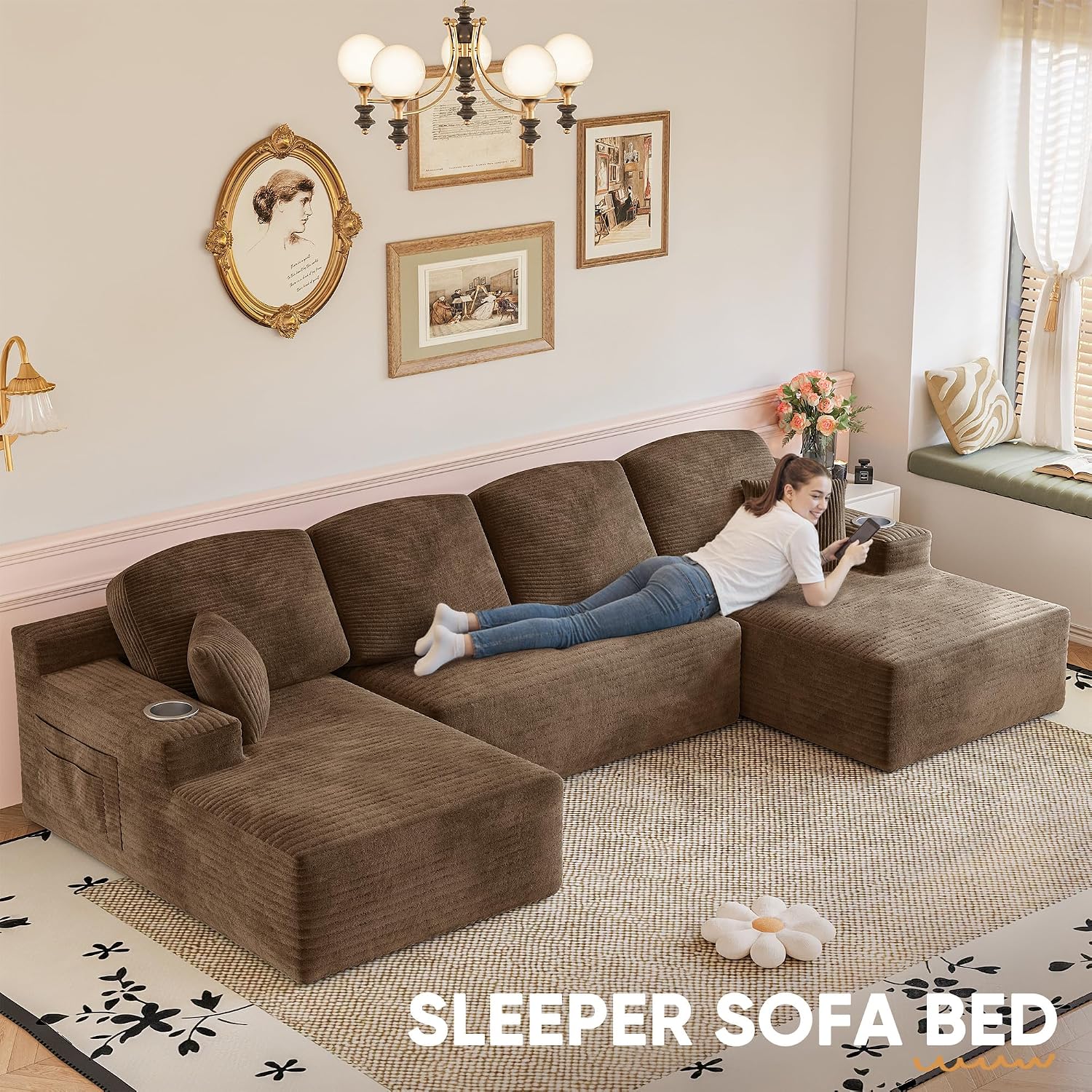 Homall 142' Boneless Couch, Modular Sectional Sofa, No Assembly Required, Memory Foam Filling, Corduroy U-Shaped Sofa, Movable Multi-Person Couch for Living Room (Brown)