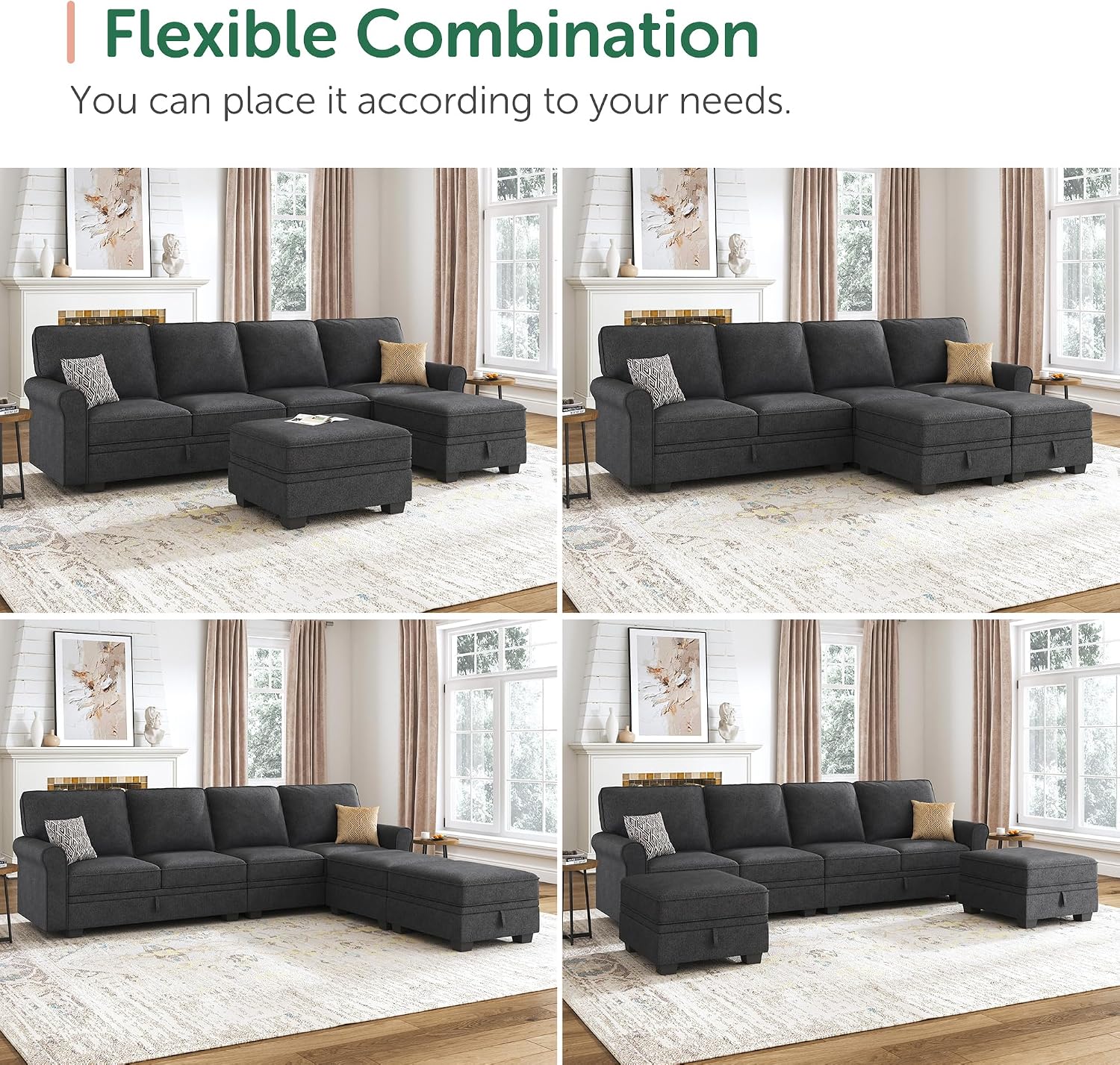 HONBAY Sectional Sofa with Storage Seat U Shaped Sectional Couch with Reversible Chaise Convertible Sectional Couches for Living Room,Dark Grey
